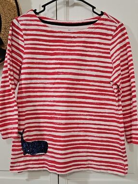 Talbots Nautical Pink/red Striped Petite Cotton Tee with Navy Sequined Whale!